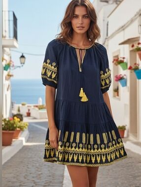 Benaras By Citrus Navy Beach Dress/Yellow Embroidery L